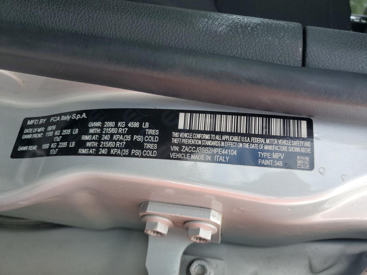 2017 Jeep Renegade Latitude VIN: ZACCJBBB2HPE44104 Lot: 81727765