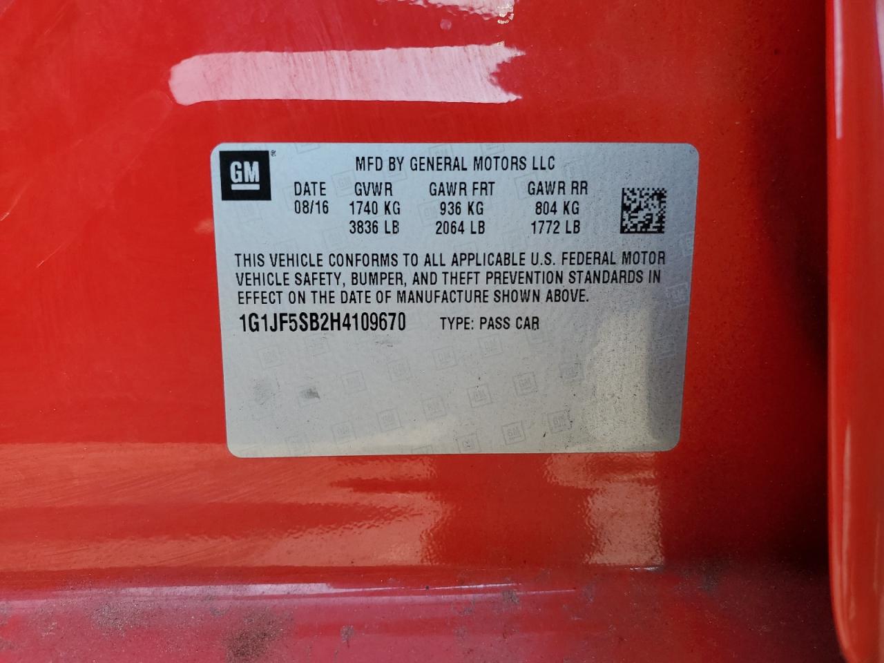 2017 Chevrolet Sonic Premier VIN: 1G1JF5SB2H4109670 Lot: 81656565