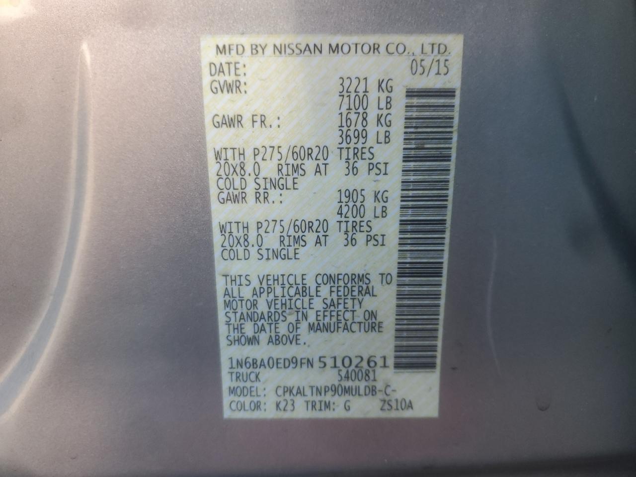 2015 Nissan Titan S VIN: 1N6BA0ED9FN510261 Lot: 81218235