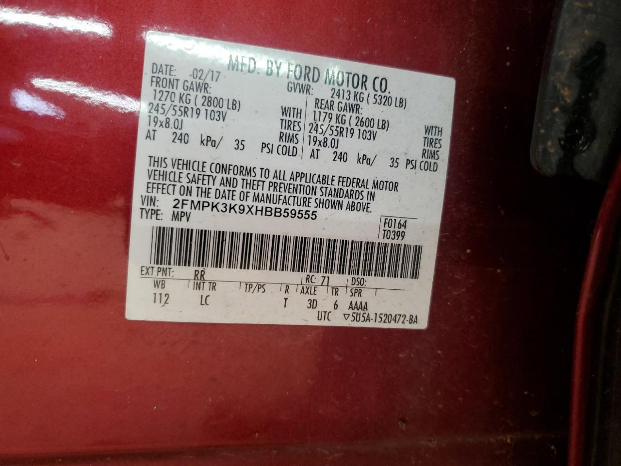 2017 Ford Edge Titanium VIN: 2FMPK3K9XHBB59555 Lot: 84055705