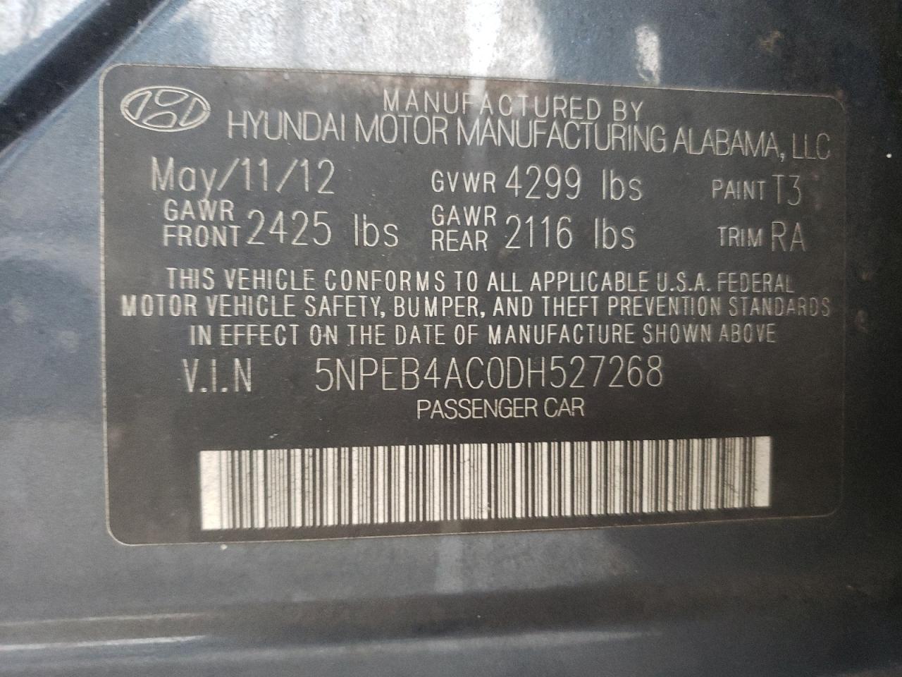 2013 Hyundai Sonata Gls VIN: 5NPEB4AC0DH527268 Lot: 83961905