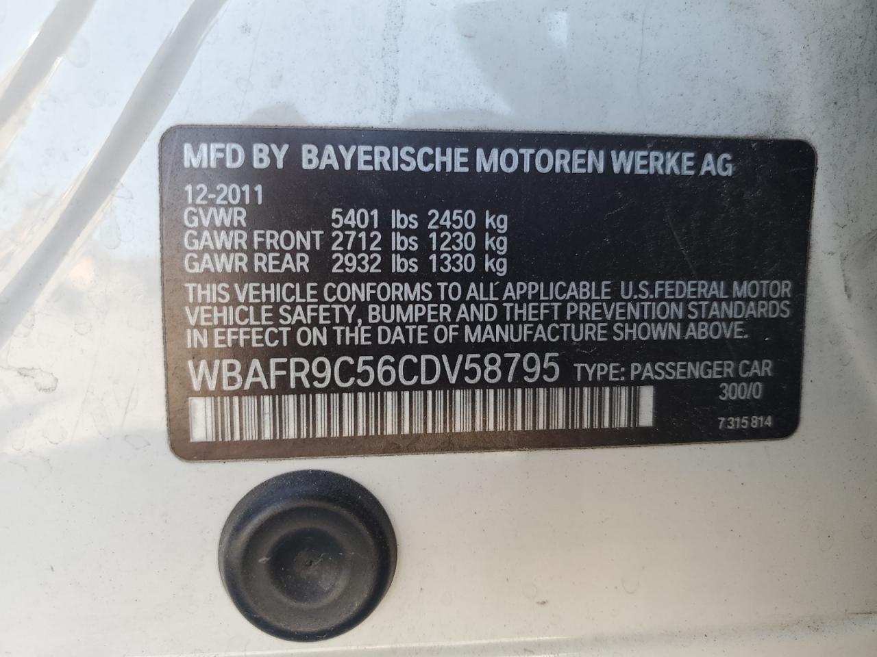 2012 BMW 550 I VIN: WBAFR9C56CDV58795 Lot: 81127355