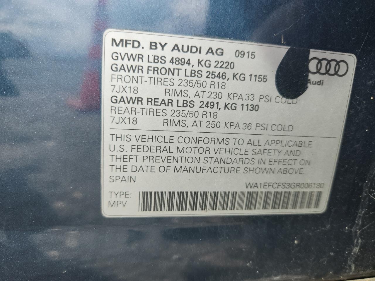 2016 Audi Q3 Premium Plus VIN: WA1EFCFS3GR006180 Lot: 84217395