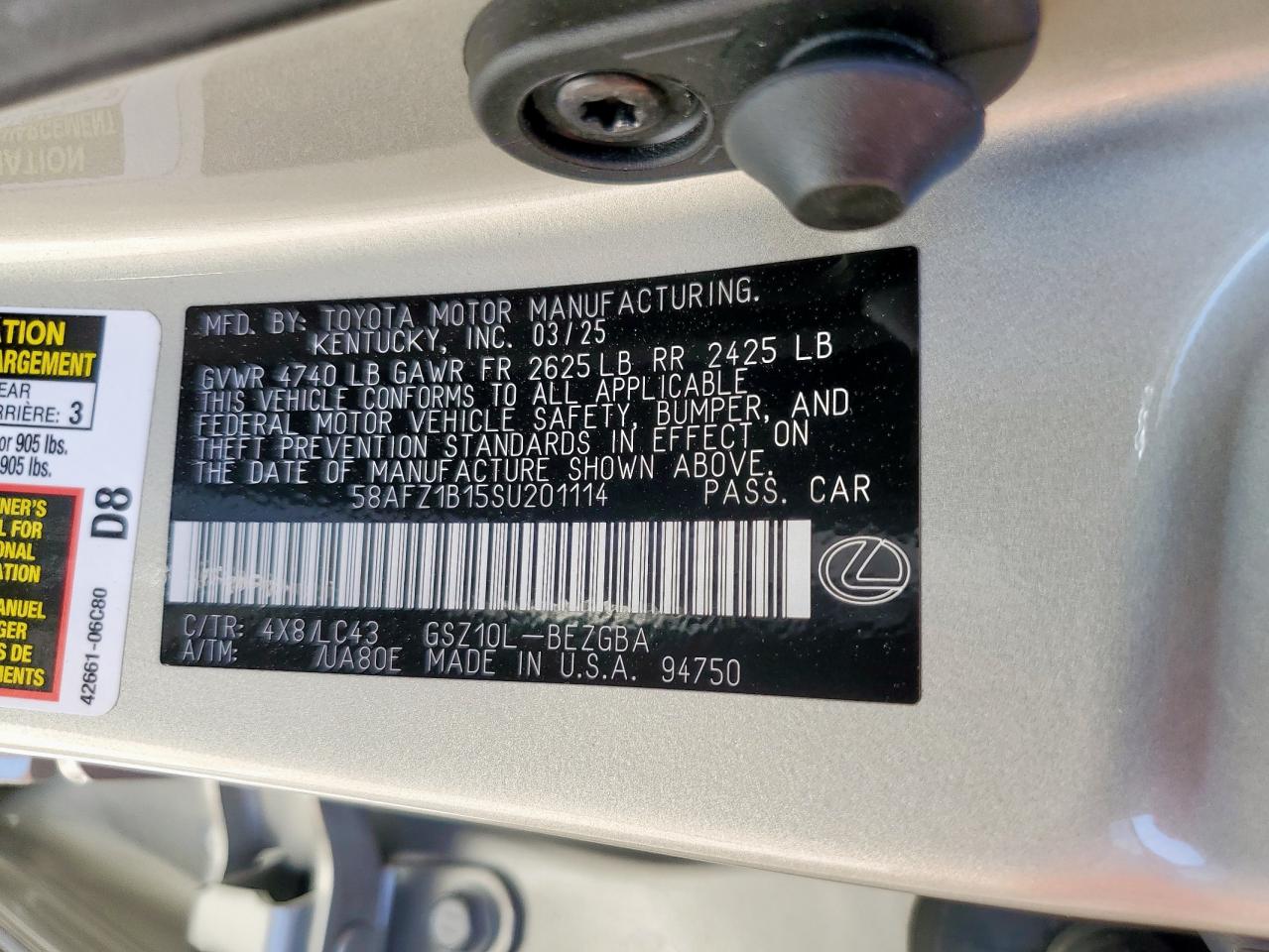 2025 Lexus Es 350 Base VIN: 58AFZ1B15SU201114 Lot: 80534205