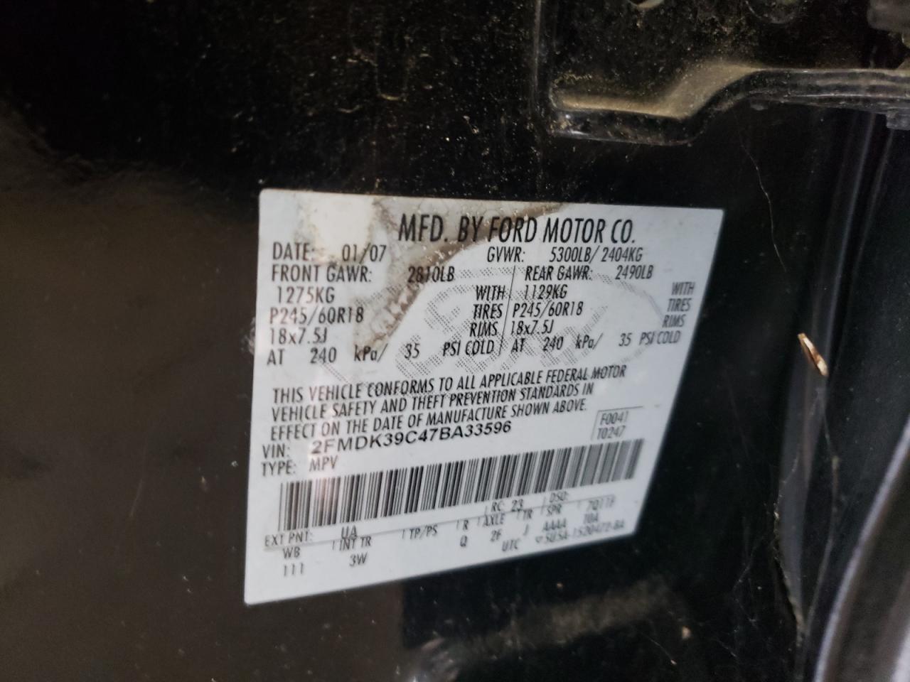 2007 Ford Edge Sel Plus VIN: 2FMDK39C47BA33596 Lot: 71123545