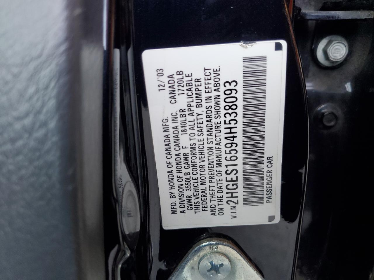 2004 Honda Civic Lx VIN: 2HGES16594H538093 Lot: 80942535