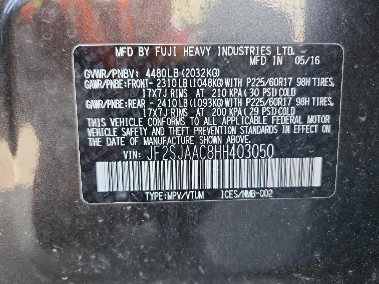 2017 Subaru Forester 2.5I VIN: JF2SJAAC8HH403050 Lot: 80491545