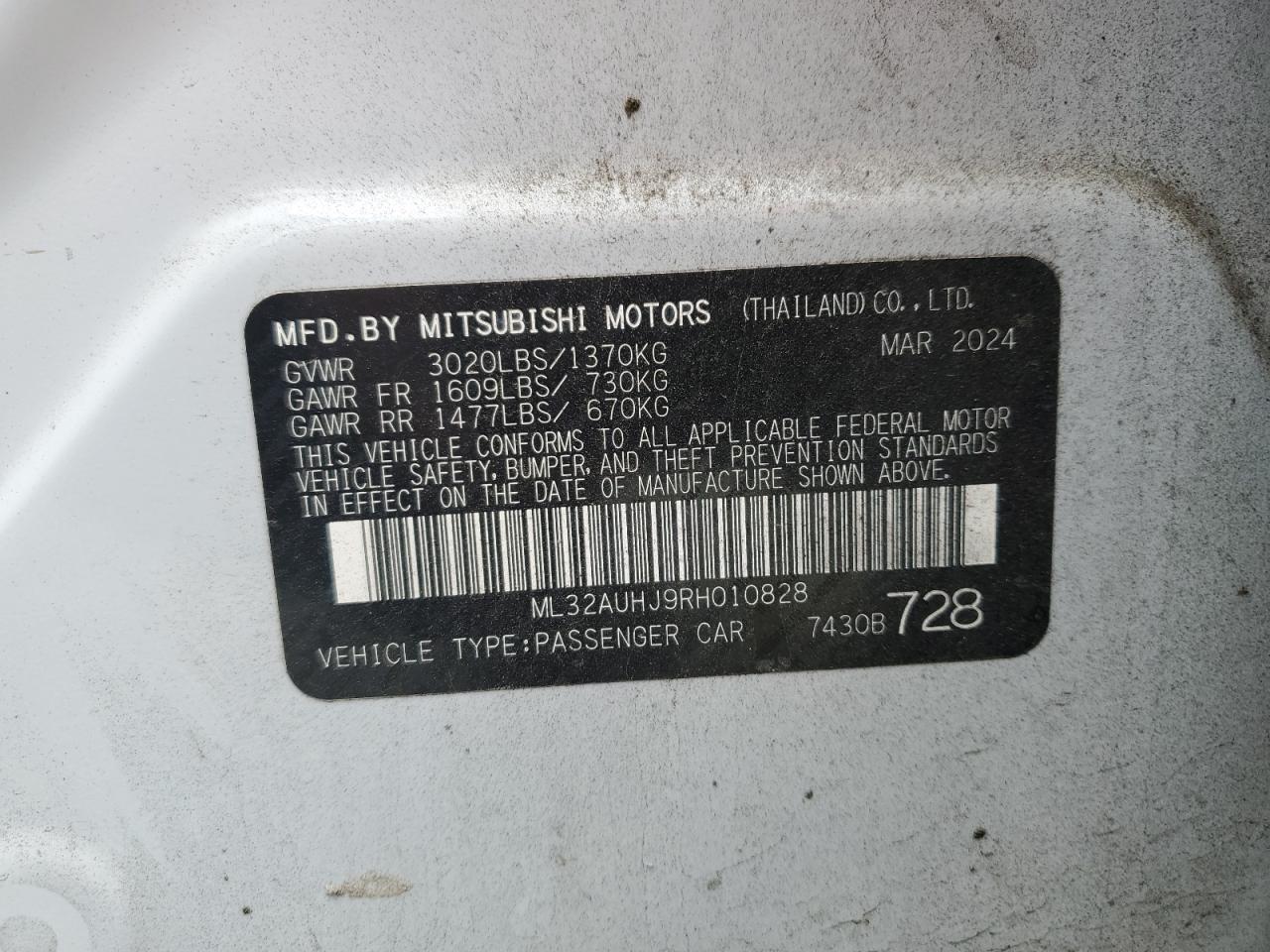 2024 Mitsubishi Mirage Es VIN: ML32AUHJ9RH010828 Lot: 70996825