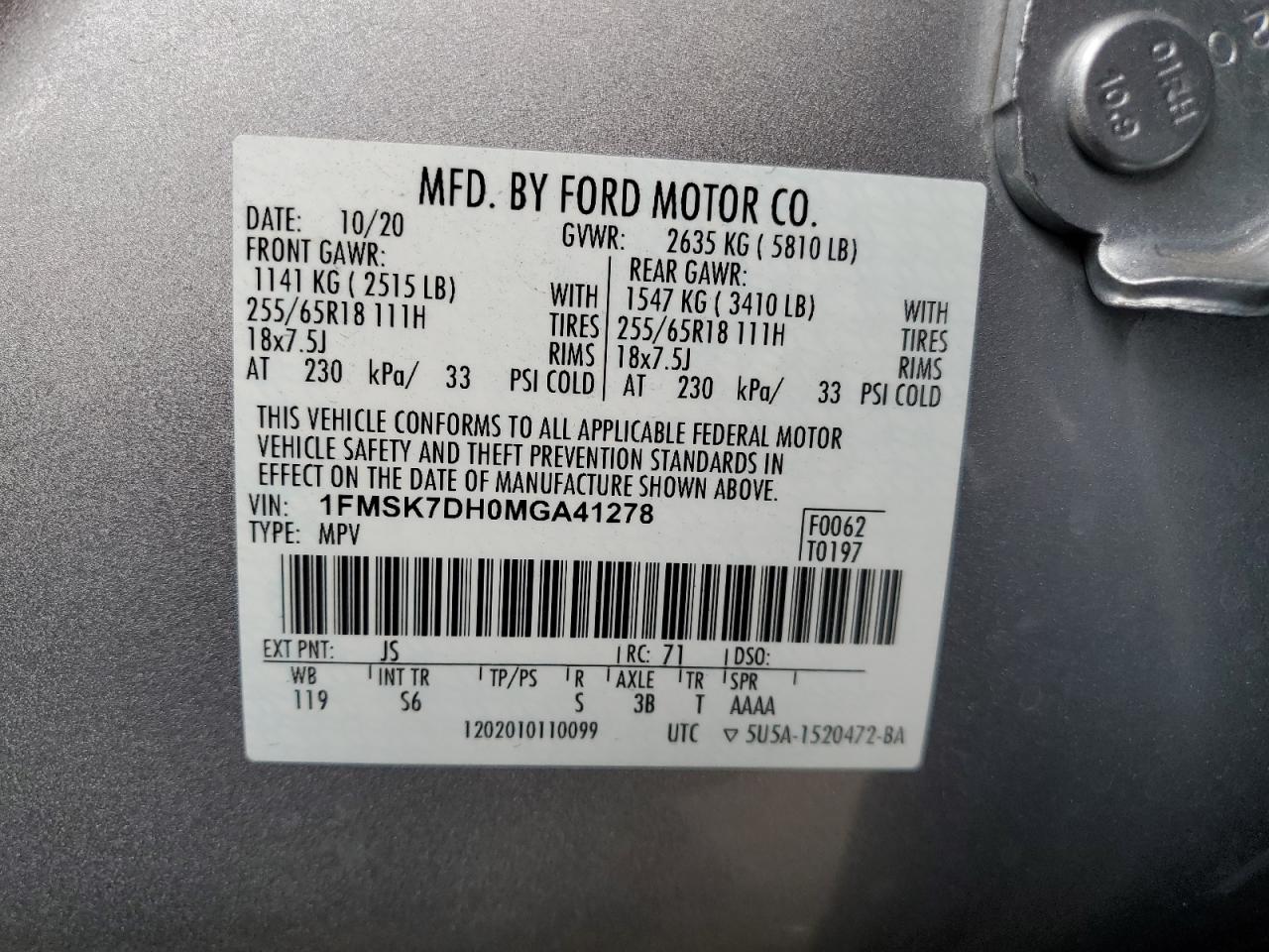 2021 Ford Explorer Xlt VIN: 1FMSK7DH0MGA41278 Lot: 81505935