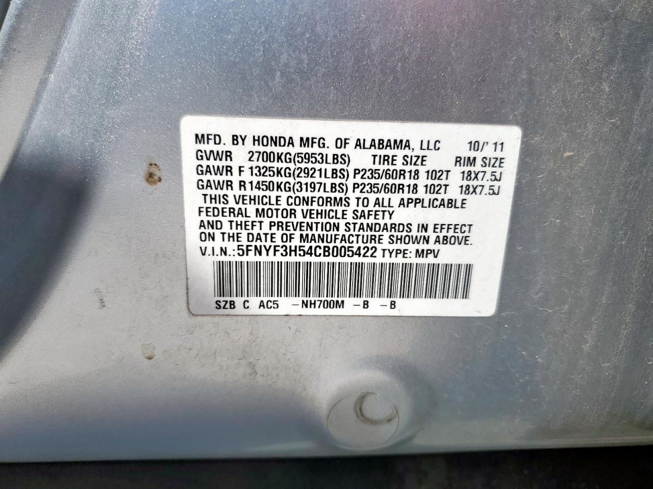 2012 Honda Pilot Exl VIN: 5FNYF3H54CB005422 Lot: 70945905