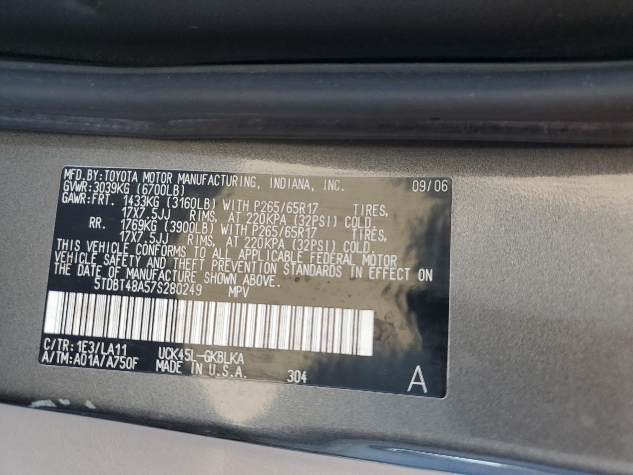 2007 Toyota Sequoia Limited VIN: 5TDBT48A57S280249 Lot: 71448735