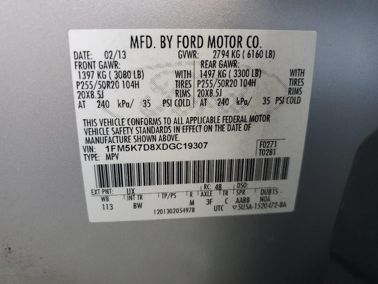 2013 Ford Explorer Xlt VIN: 1FM5K7D8XDGC19307 Lot: 71808885