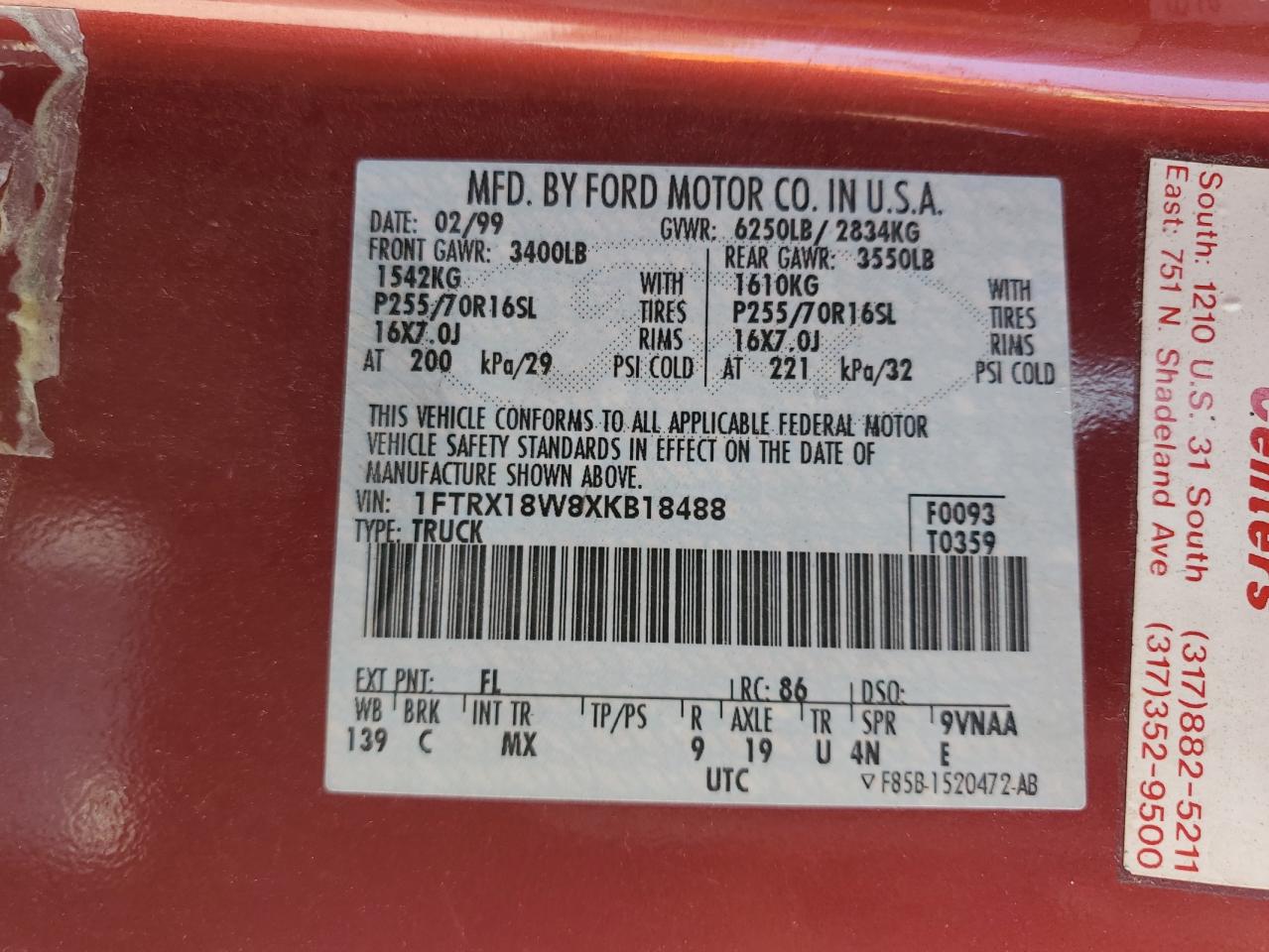 1999 Ford F150 VIN: 1FTRX18W8XKB18488 Lot: 71613565