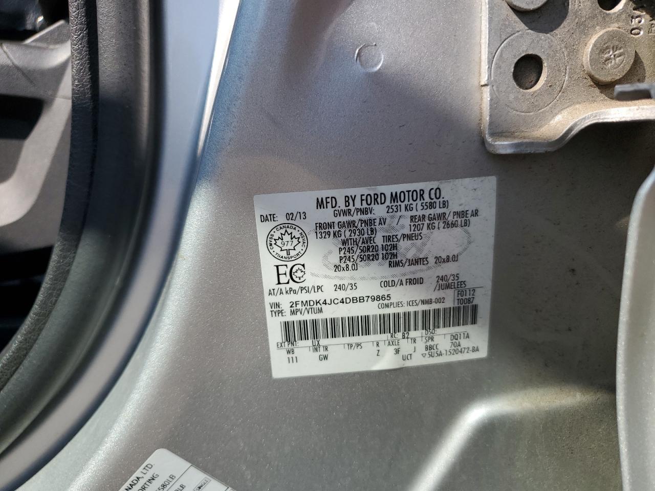 2013 Ford Edge Sel VIN: 2FMDK4JC4DBB79865 Lot: 80641745