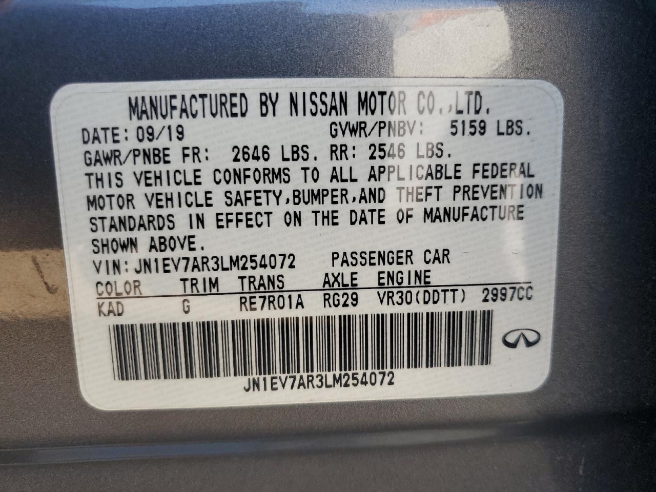 2020 Infiniti Q50 Pure VIN: JN1EV7AR3LM254072 Lot: 84595715