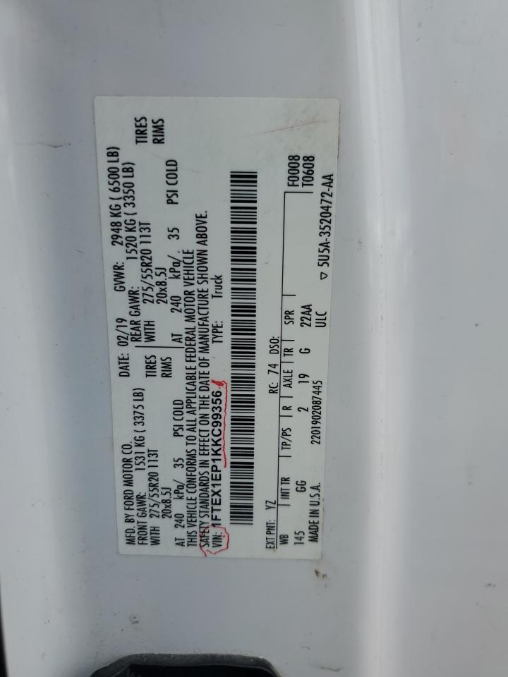 2019 Ford F150 Super Cab VIN: 1FTEX1EP1KKC99356 Lot: 70394045