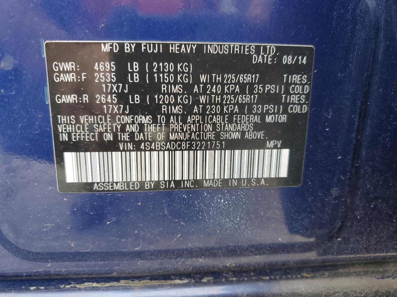 2015 Subaru Outback 2.5I Premium VIN: 4S4BSADC8F3221751 Lot: 81104035