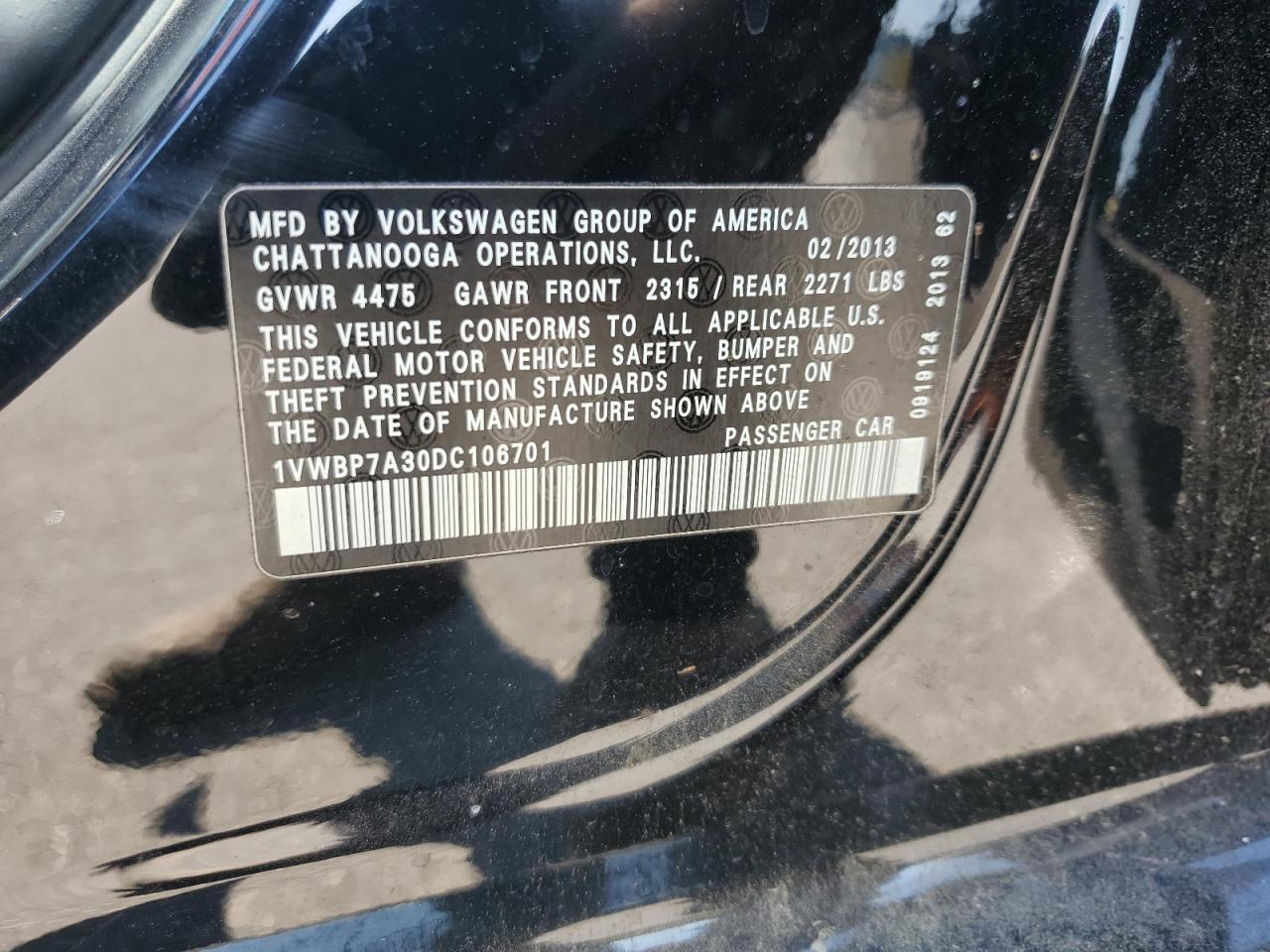 2013 Volkswagen Passat Se VIN: 1VWBP7A30DC106701 Lot: 71707545