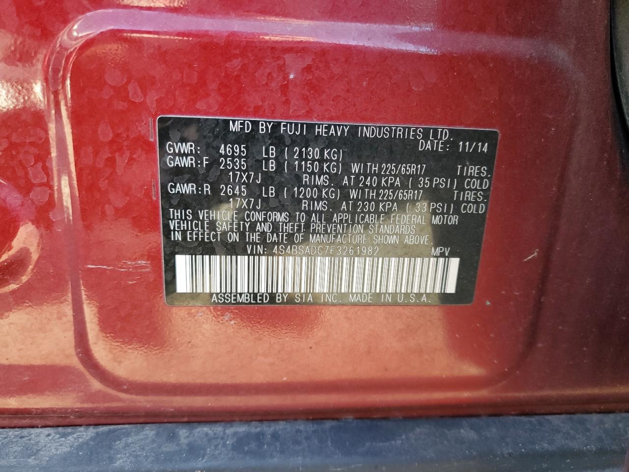 2015 Subaru Outback 2.5I Premium VIN: 4S4BSADC7F3261982 Lot: 71232045