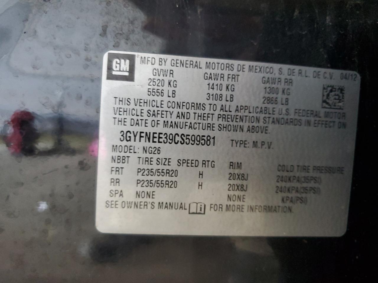 2012 Cadillac Srx Performance Collection VIN: 3GYFNEE39CS599581 Lot: 80933575