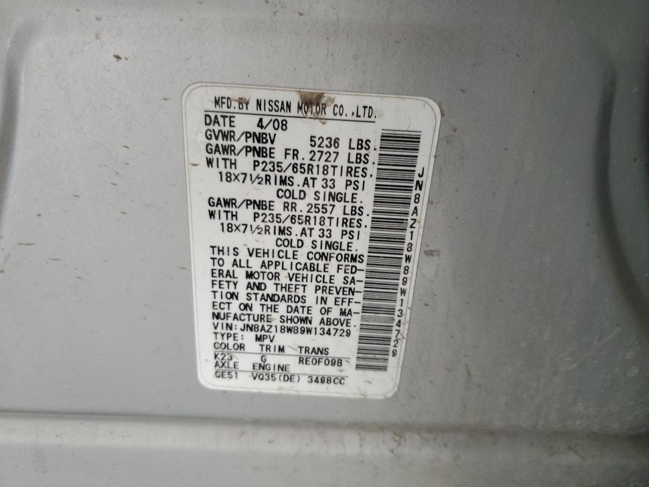 2009 Nissan Murano S VIN: JN8AZ18W89W134729 Lot: 81914375