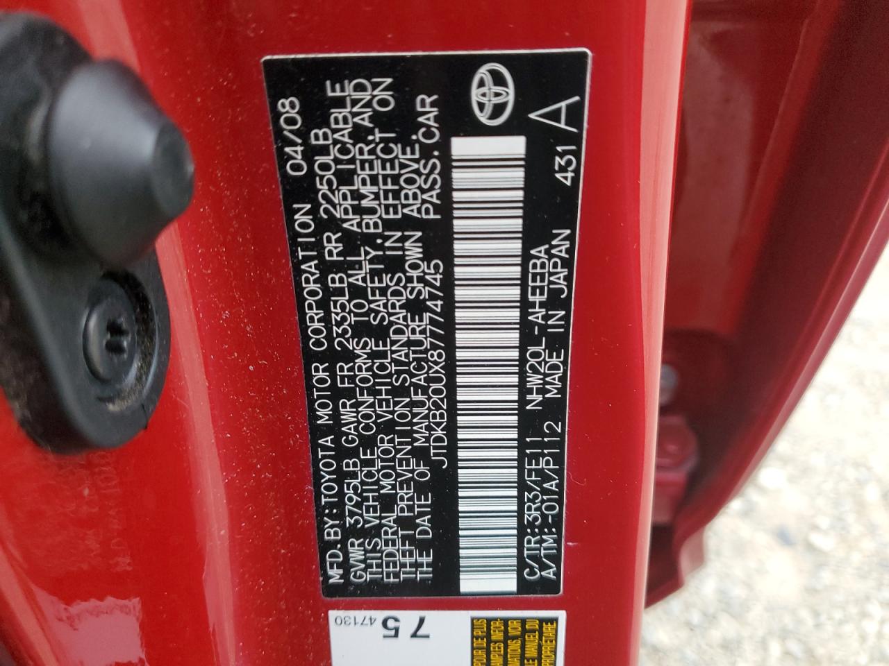 2008 Toyota Prius VIN: JTDKB20UX87774745 Lot: 83854995