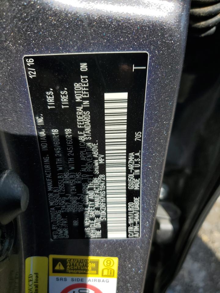 2017 Toyt Highlander VIN: 5TDKZRFH7HS194728 Lot: 83786745