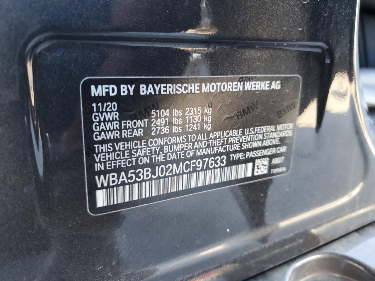 2021 BMW 540 I VIN: WBA53BJ02MCF97633 Lot: 69825535