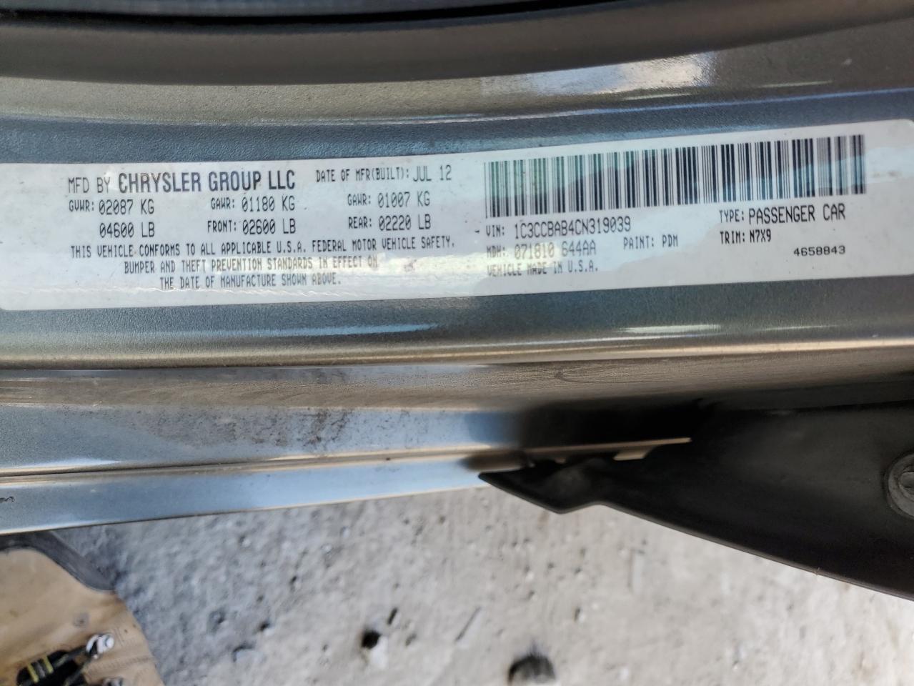 2012 Chrysler 200 Lx VIN: 1C3CCBAB4CN319039 Lot: 70574075