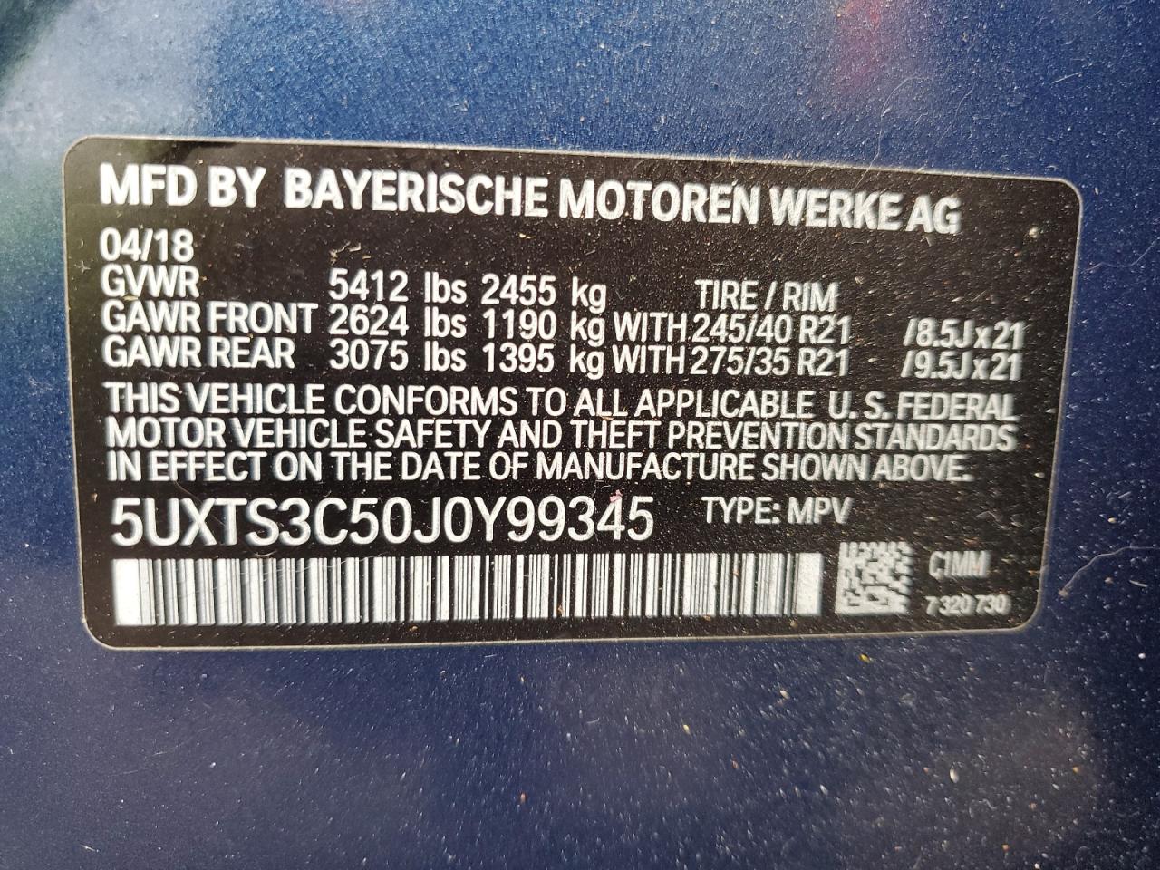 2018 BMW X3 xDrivem40I VIN: 5UXTS3C50J0Y99345 Lot: 80783295