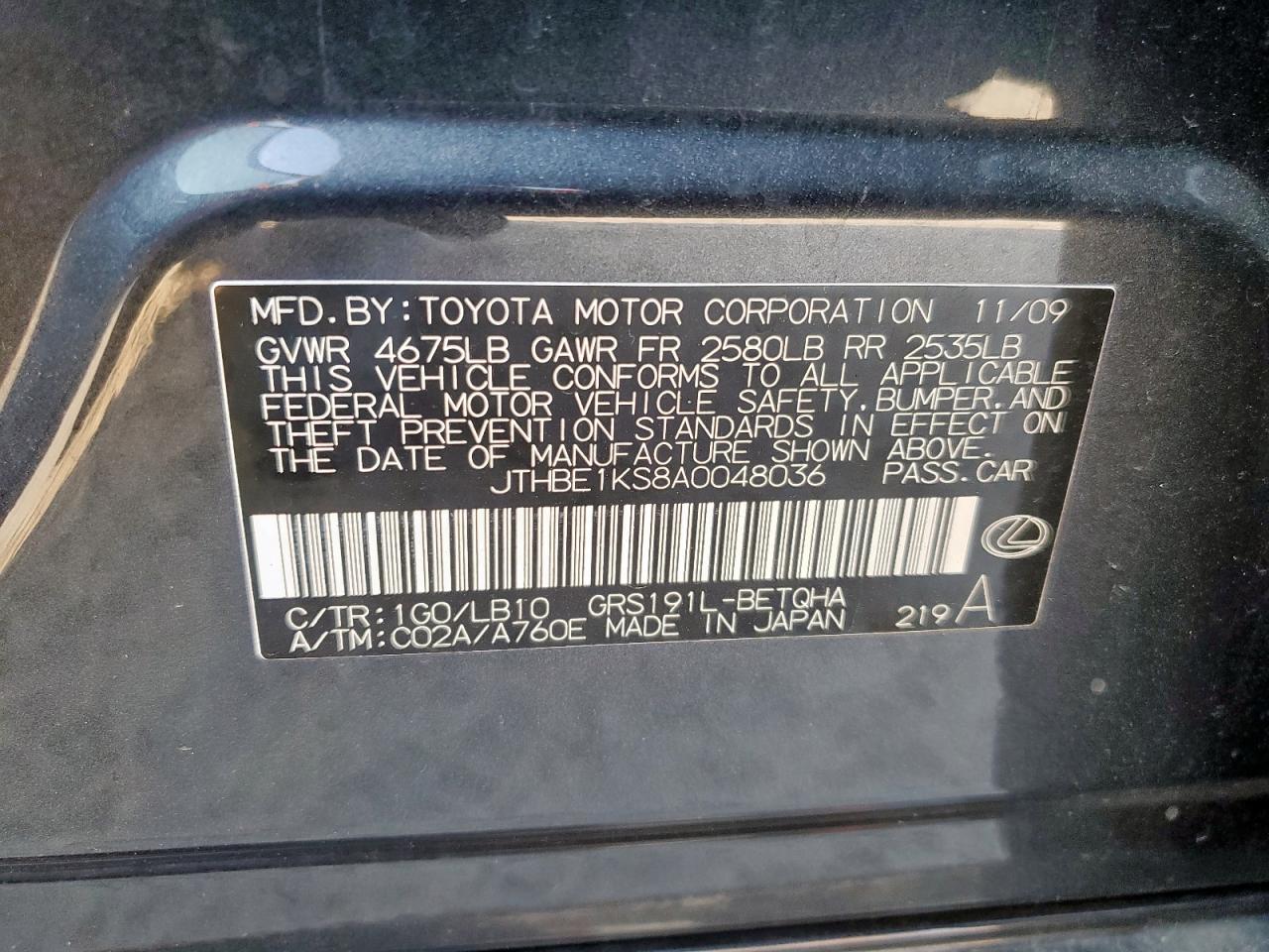 2010 Lexus Gs 350 VIN: JTHBE1KS8A0048036 Lot: 81329715