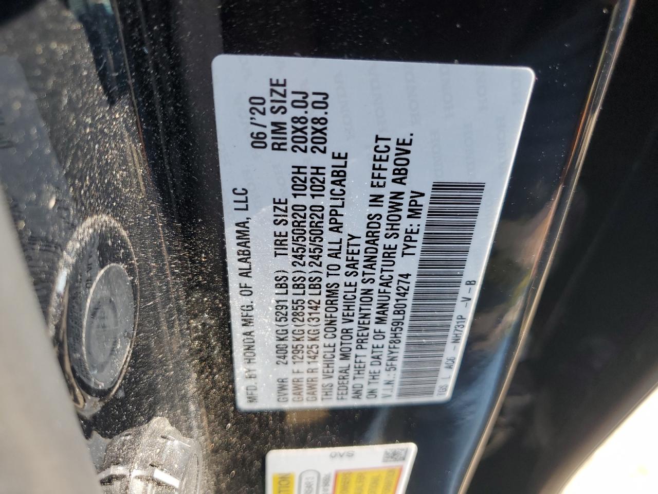 2020 Honda Passport Exl VIN: 5FNYF8H59LB014274 Lot: 80503195