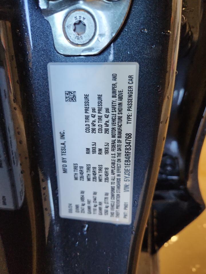 2024 Tesla Model 3 VIN: 5YJ3E1EB4RF834768 Lot: 81290785