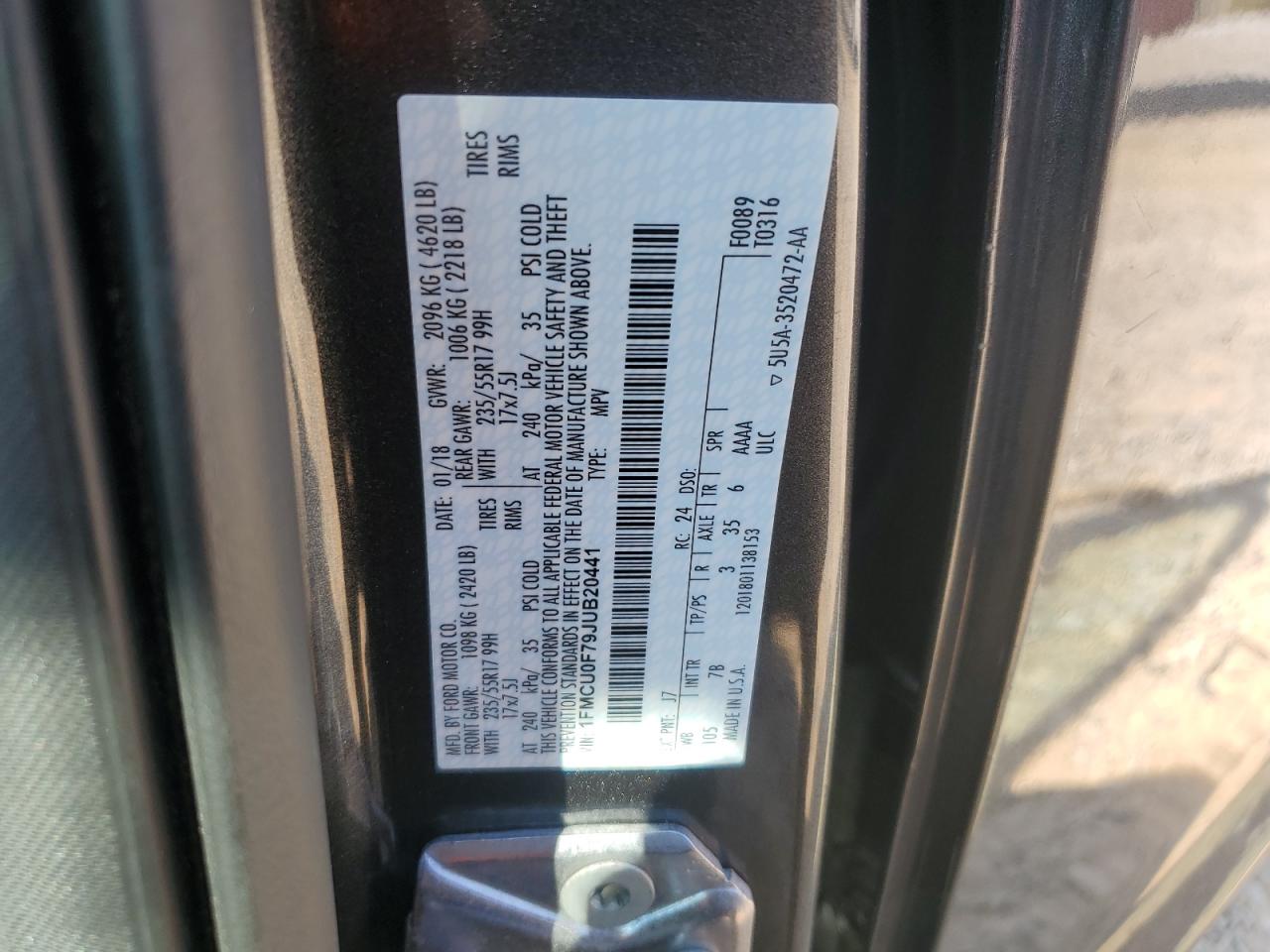 2018 Ford Escape S VIN: 1FMCU0F79JUB20441 Lot: 80275835