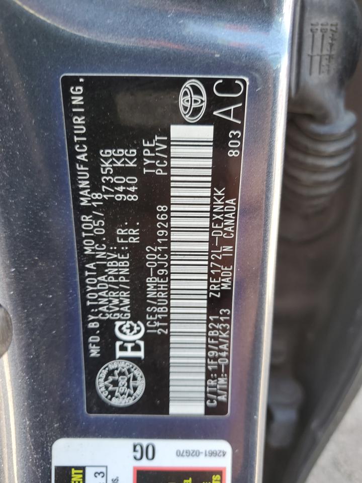 2018 Toyota Corolla L VIN: 2T1BURHE9JC119268 Lot: 84171495