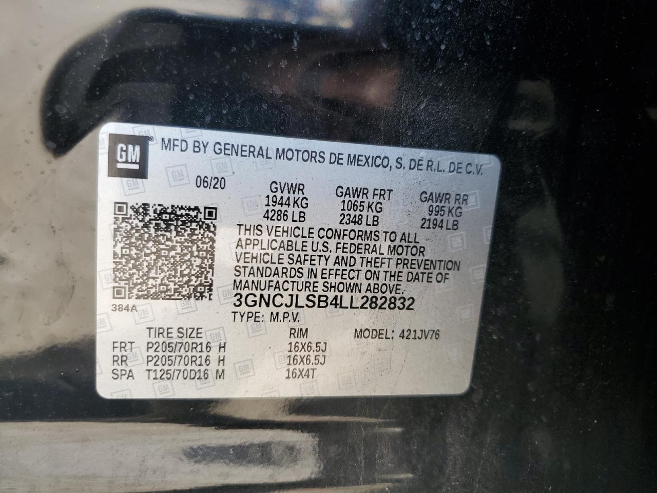 2020 Chevrolet Trax 1Lt VIN: 3GNCJLSB4LL282832 Lot: 81486105