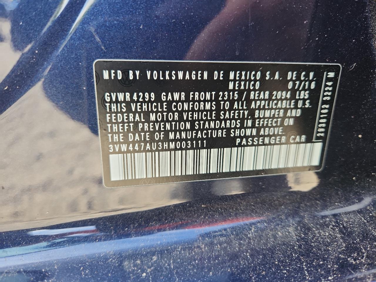 2017 Volkswagen Gti S/Se VIN: 3VW447AU3HM003111 Lot: 70146205
