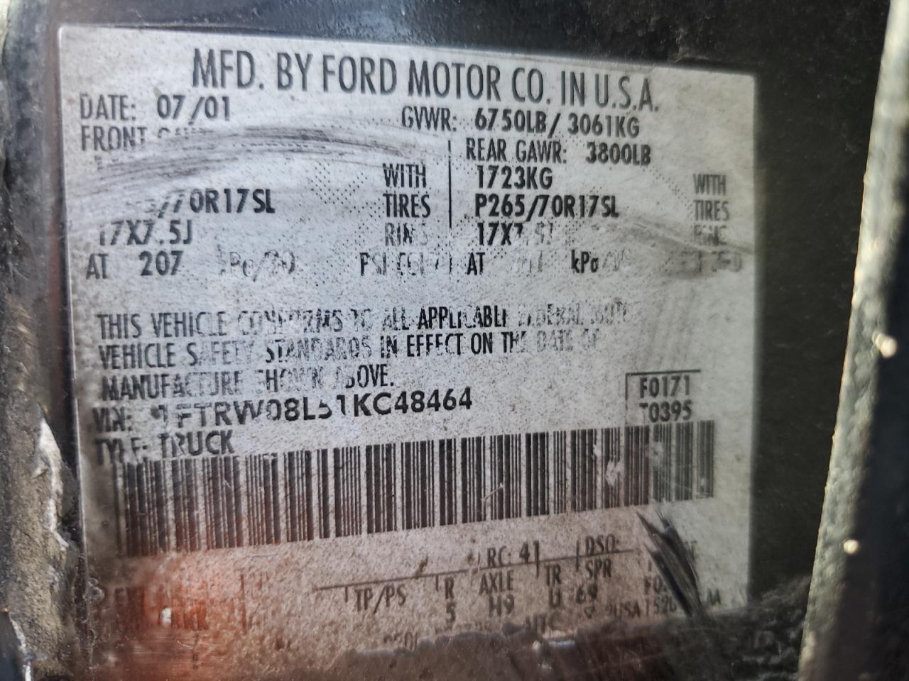 2001 Ford F150 Supercrew VIN: 1FTRW08L51KC48464 Lot: 70442745