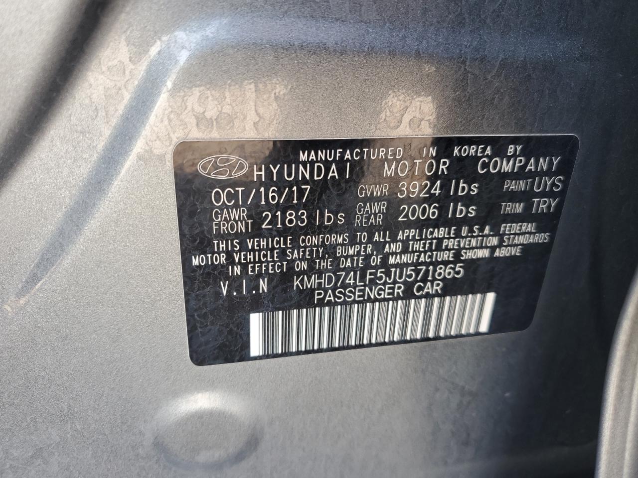 2018 Hyundai Elantra Se VIN: KMHD74LF5JU571865 Lot: 81618055