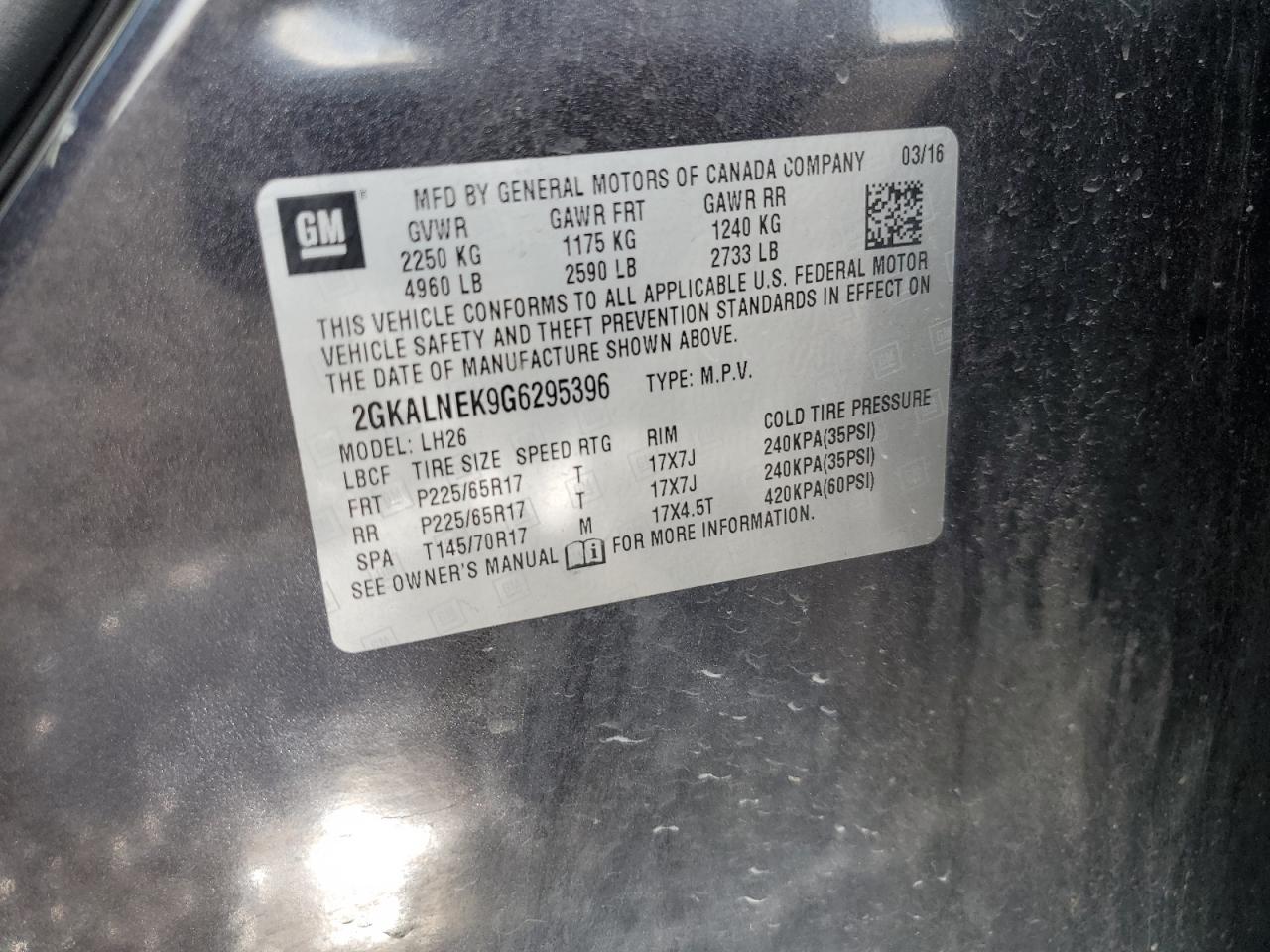 2016 GMC Terrain Sle VIN: 2GKALNEK9G6295396 Lot: 71576035