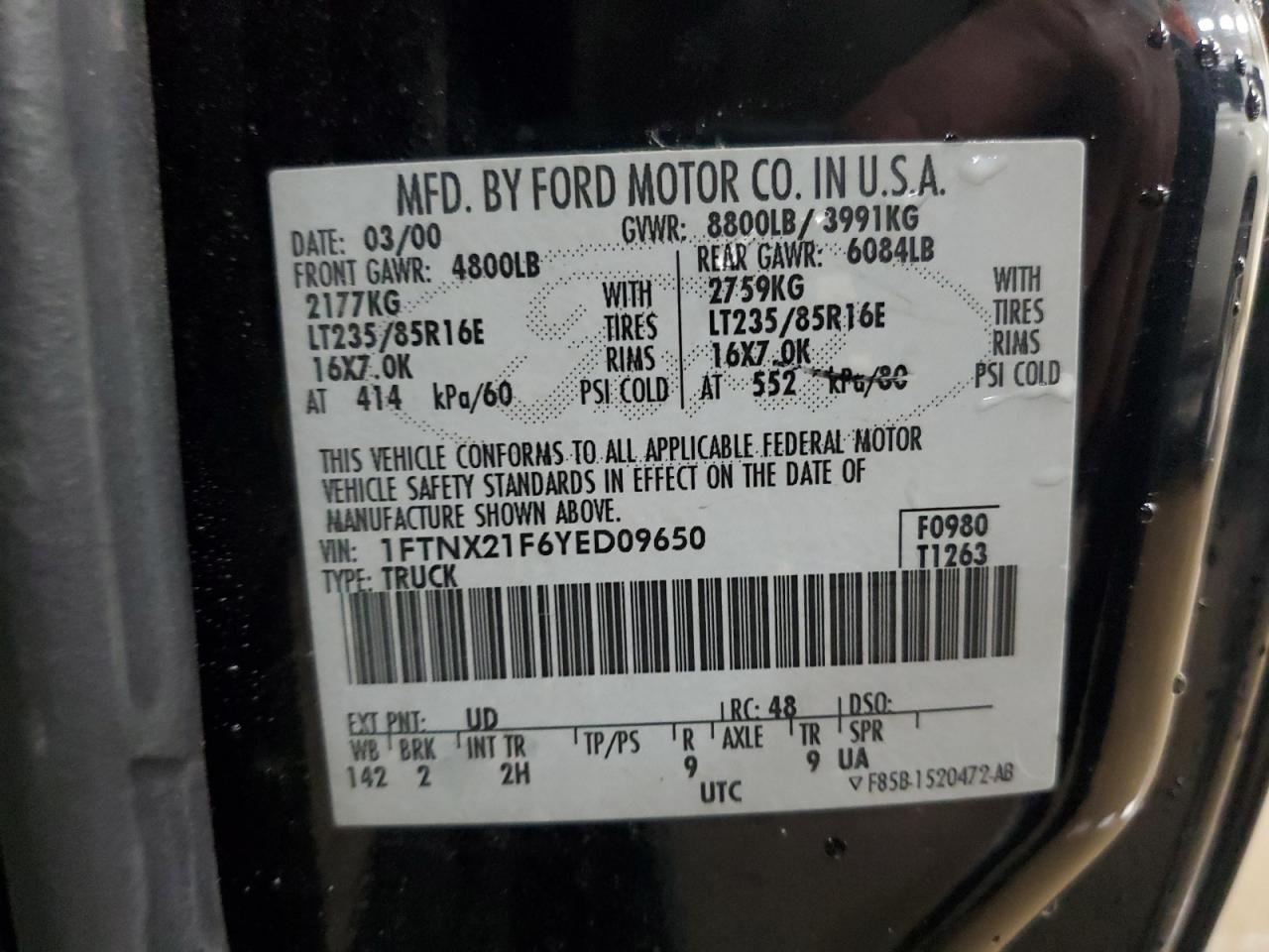 2000 Ford F250 Super Duty VIN: 1FTNX21F6YED09650 Lot: 80036245