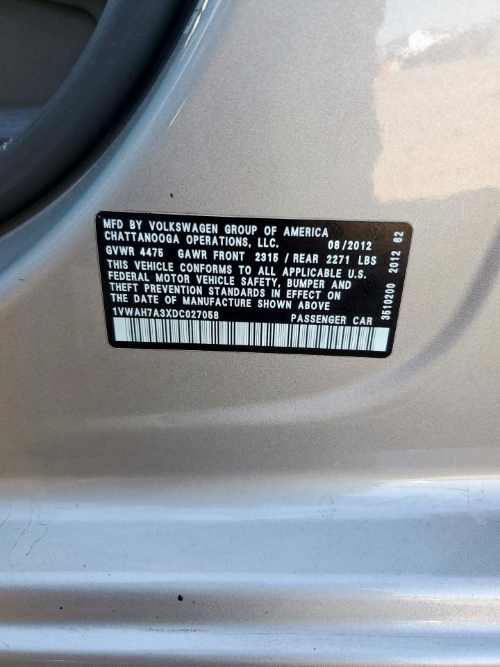 2013 Volkswagen Passat S VIN: 1VWAH7A3XDC027058 Lot: 71010085
