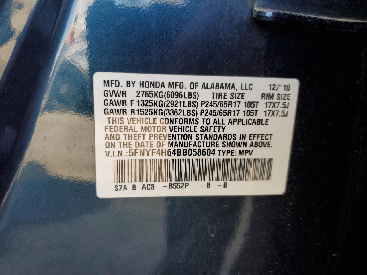 2011 Honda Pilot Exl VIN: 5FNYF4H64BB058604 Lot: 84230075