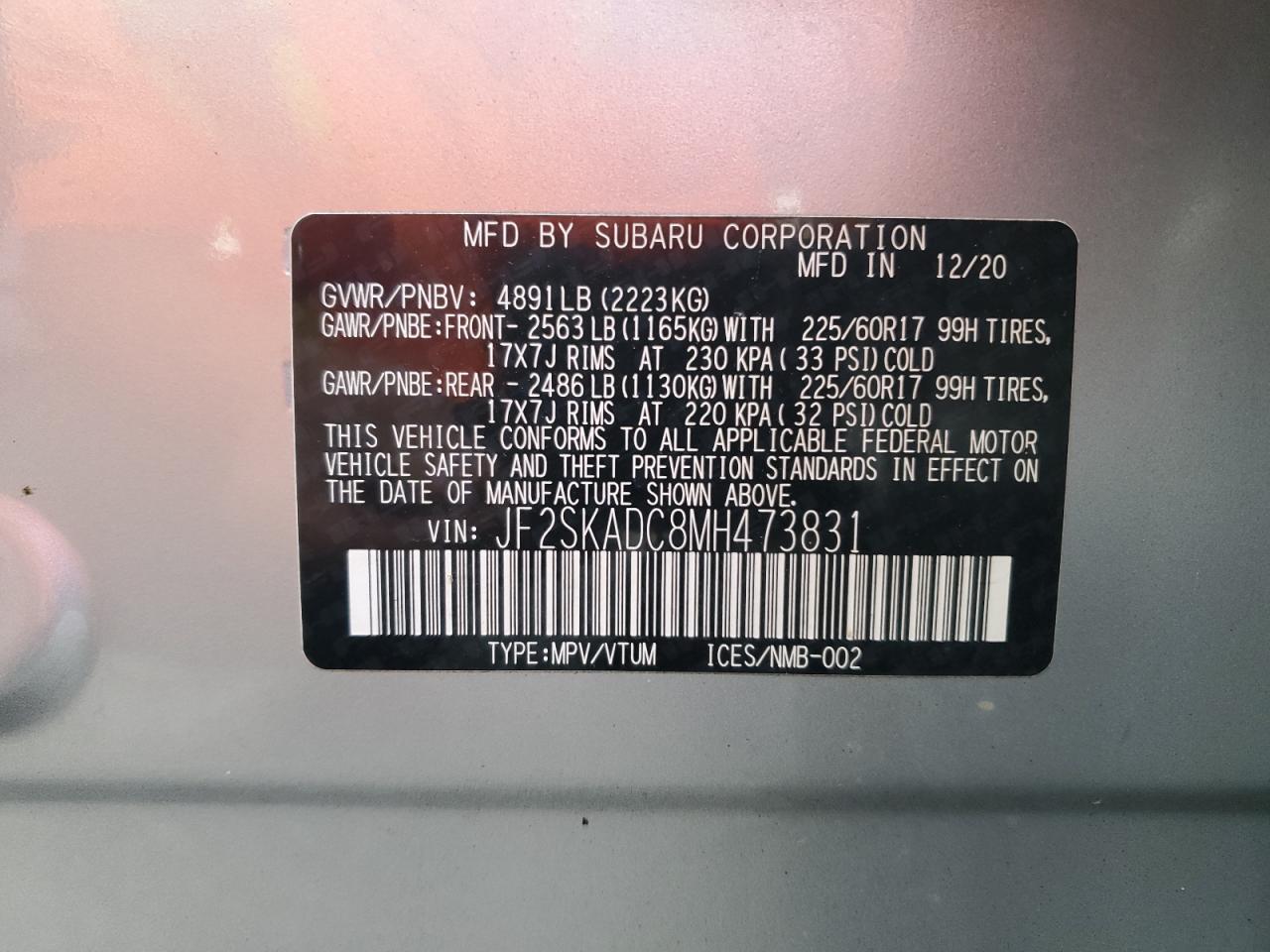 2021 Subaru Forester VIN: JF2SKADC8MH473831 Lot: 71217405