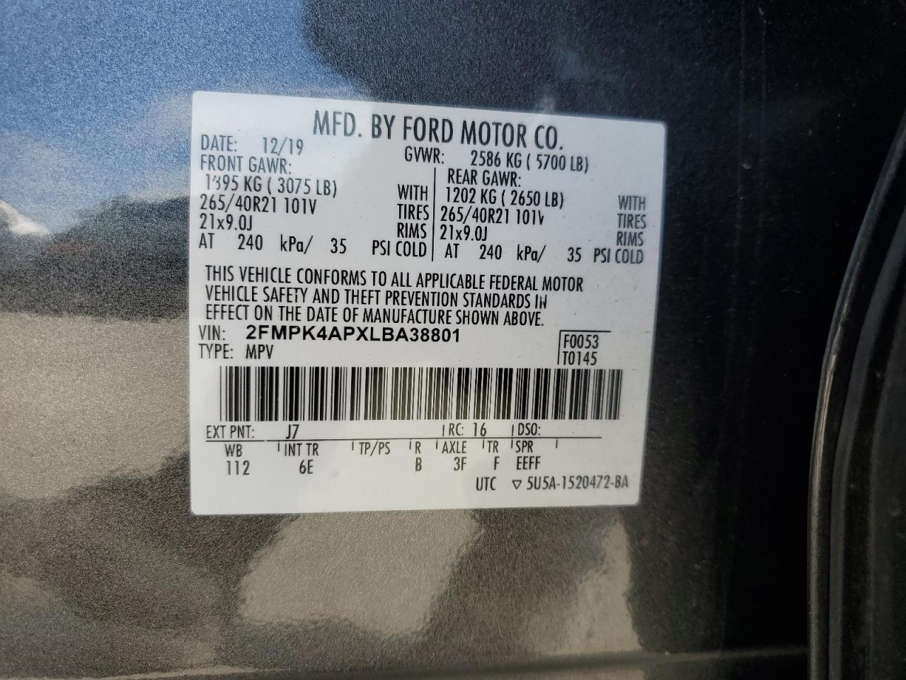 2020 Ford Edge St VIN: 2FMPK4APXLBA38801 Lot: 81664095