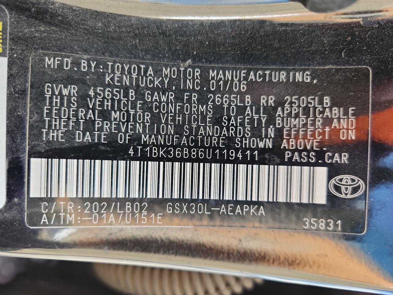 2006 Toyota Avalon Xl VIN: 4T1BK36B86U119411 Lot: 81441465