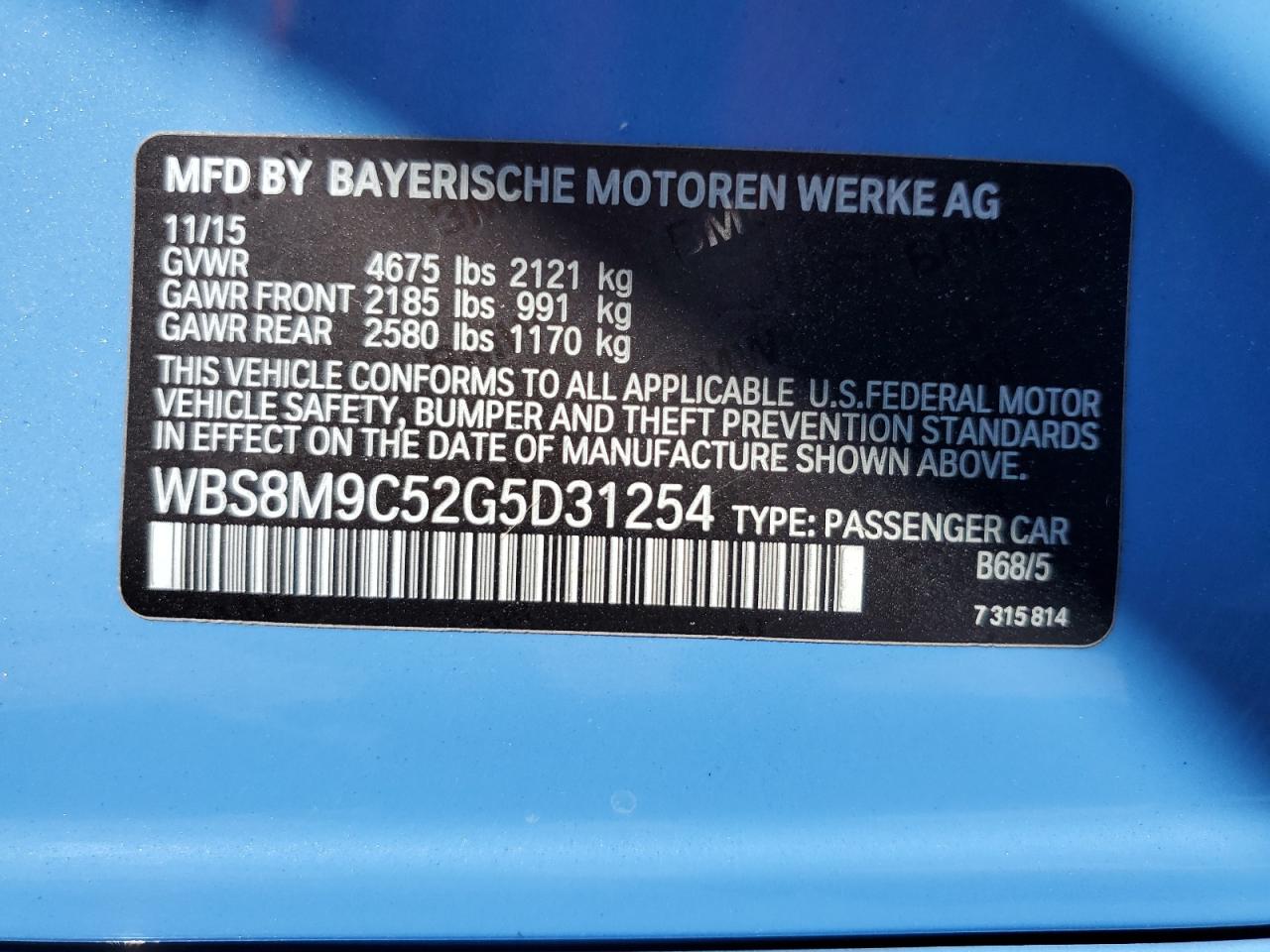 2016 BMW M3 VIN: WBS8M9C52G5D31254 Lot: 80557045