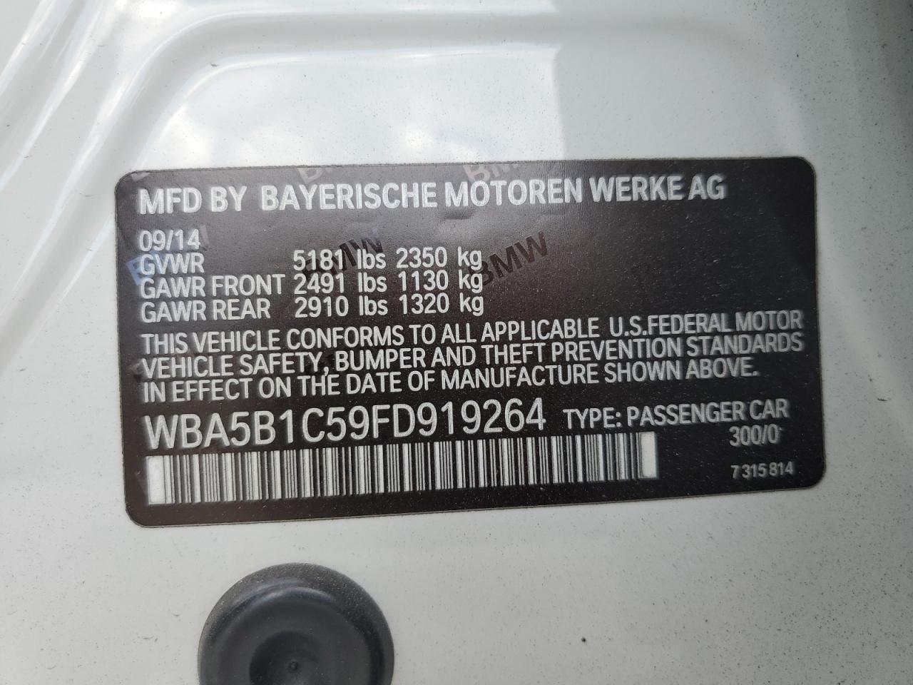 2015 BMW 535 I VIN: WBA5B1C59FD919264 Lot: 81526075