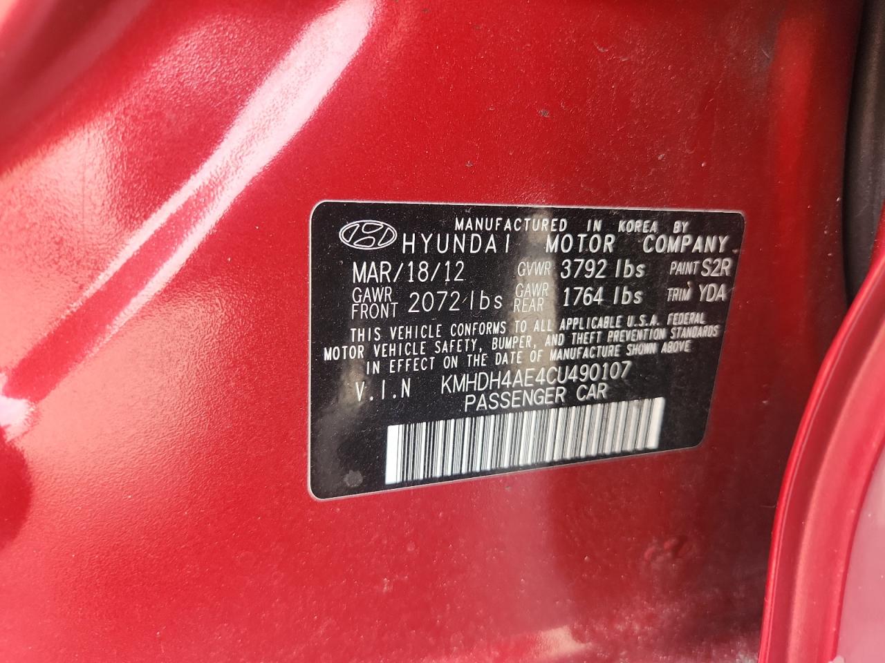 2012 Hyundai Elantra Gls VIN: KMHDH4AE4CU490107 Lot: 71772425