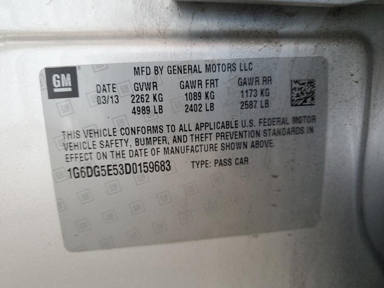 2013 Cadillac Cts Luxury Collection VIN: 1G6DG5E53D0159683 Lot: 84596795